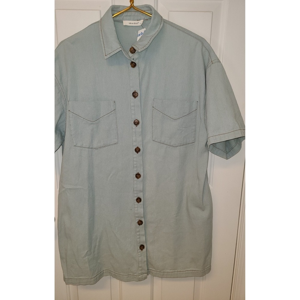 NWT Idem Ditto Short Sleeve Denim Blue Chambra Cotton Top Button Institution M/L